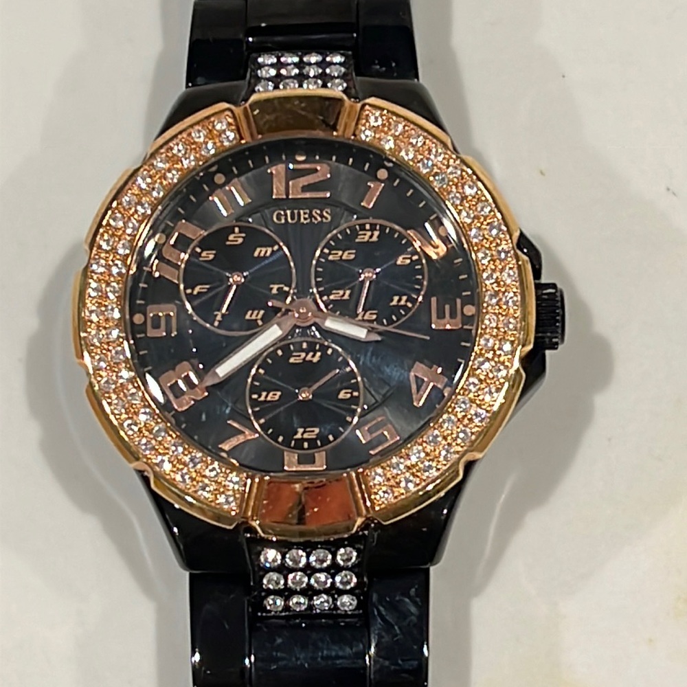 Rare! Vintage Guess Black Ceramic and Rose Goldtone Crystal Watch. Needs Battery
